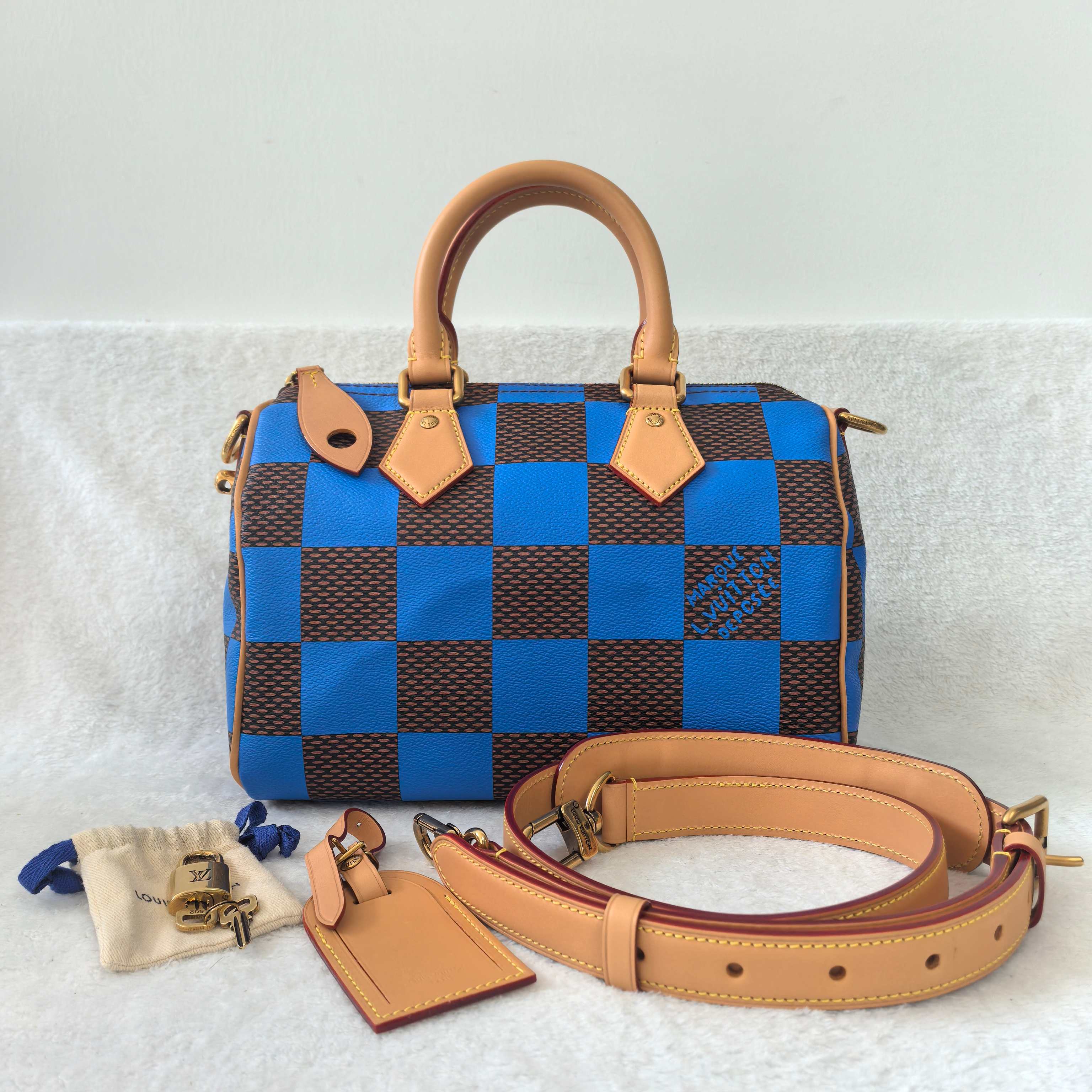 99新 LouisVuitton/路易威登 AZ/蓝色棋盘格speedy 25/L2404xps
