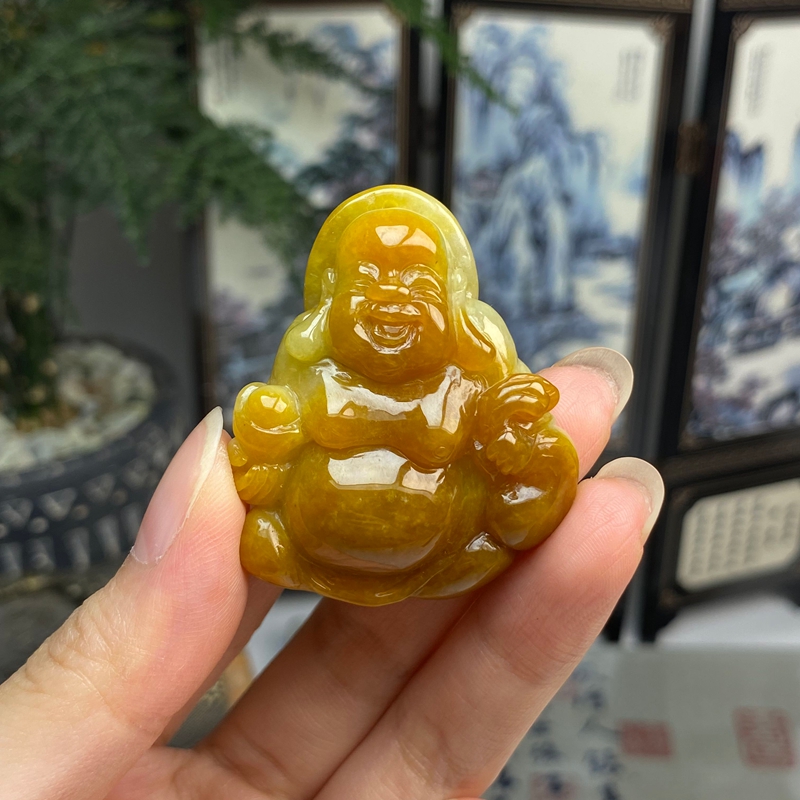 鸡油黄翡布袋佛吊坠挂件 天然翡翠A货
