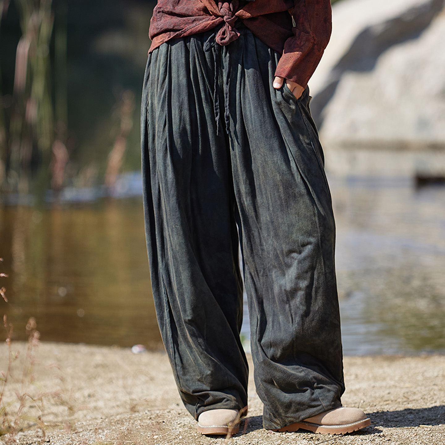 麻依者25冬款植物染直筒宽松休闲长款抽绳棉裤#H-1361