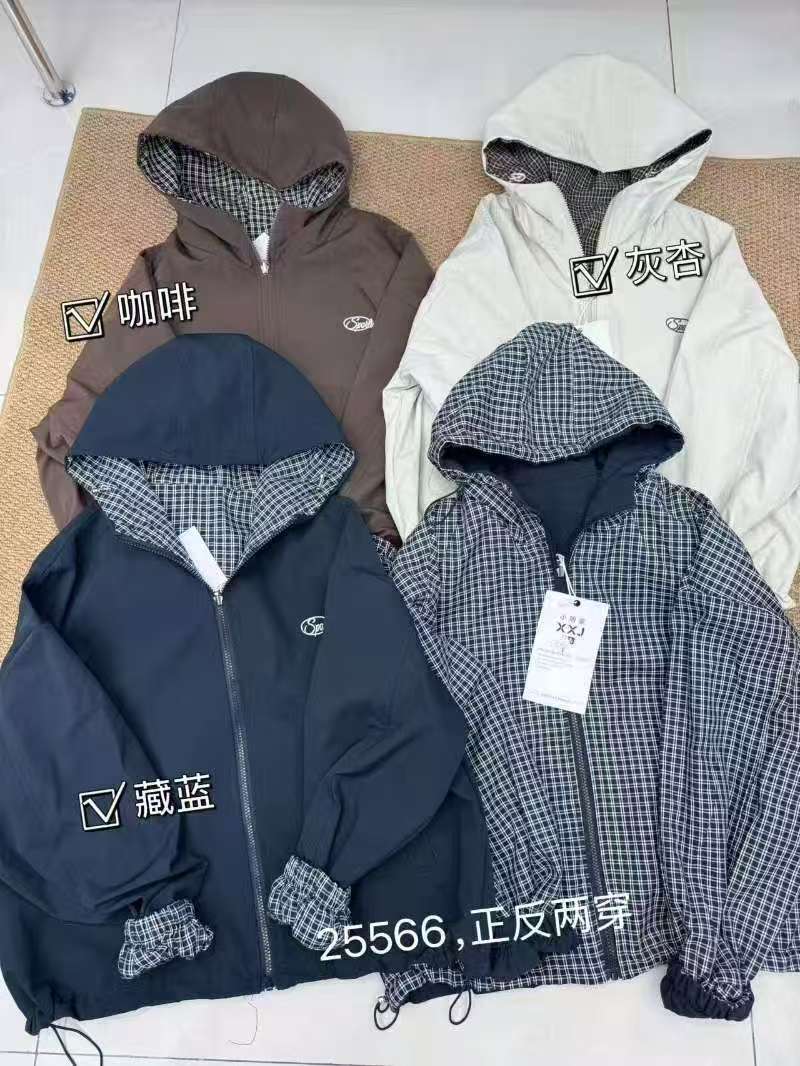 25566正反两穿高级感宽松连帽格子外套女韩版百搭时尚通勤夹克