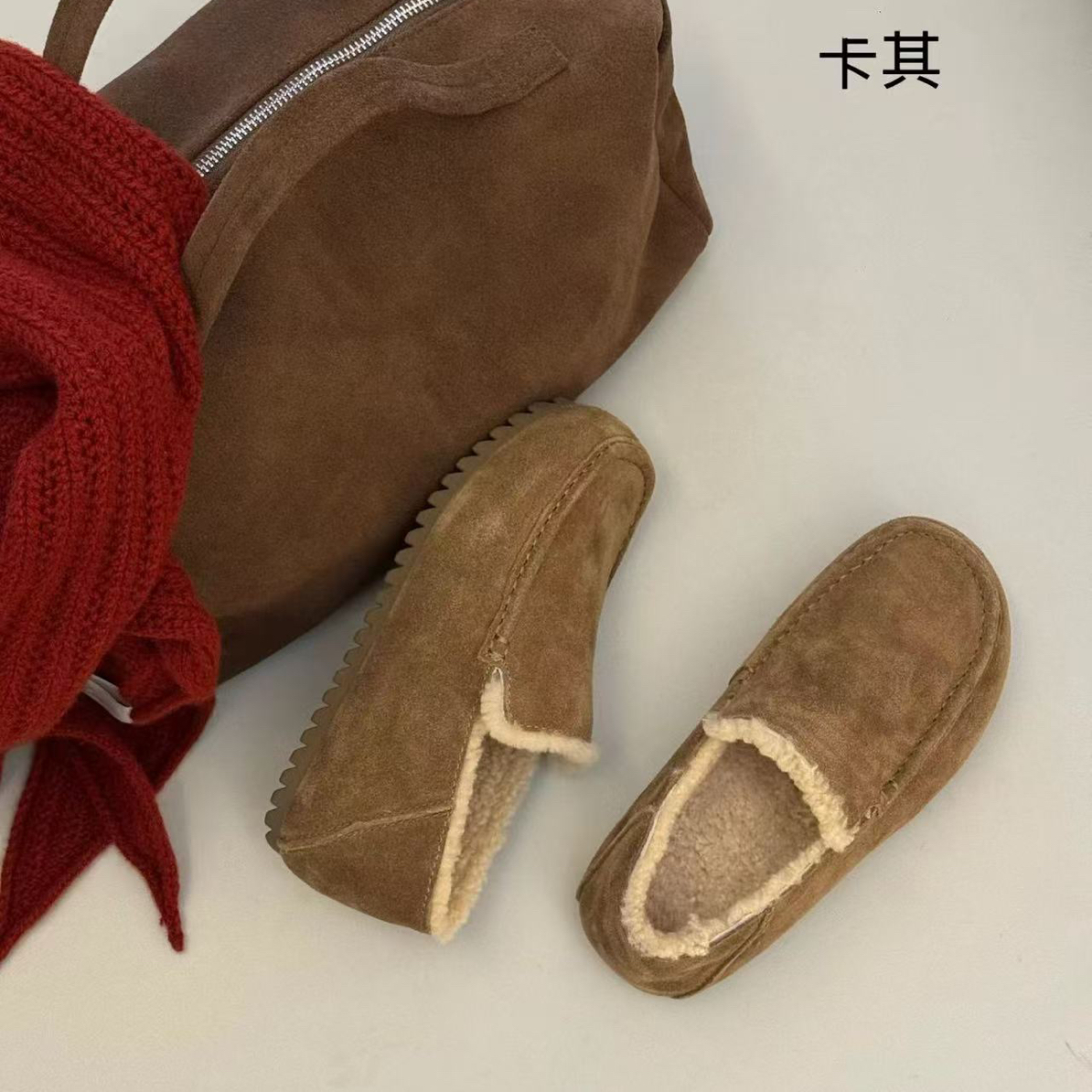 秋冬加绒保暖一脚蹬毛毛豆豆鞋女厚底防滑乐福鞋软牛皮懒人棉鞋