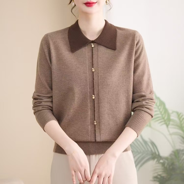 妈妈装秋款翻领洋气针织小衫中老年女装气质减龄长袖上衣打底衫