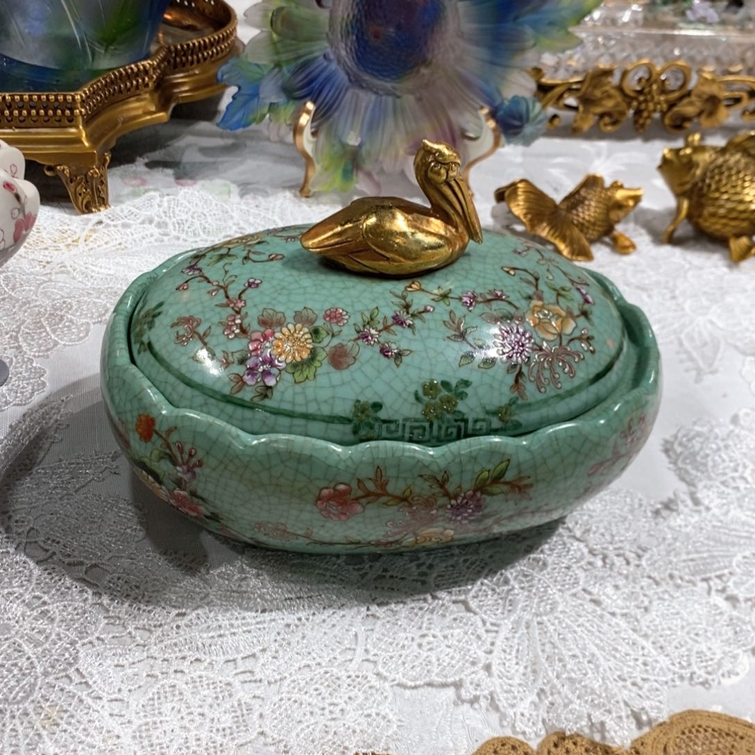 摆件F3231铜配瓷鹈鹕收纳盒