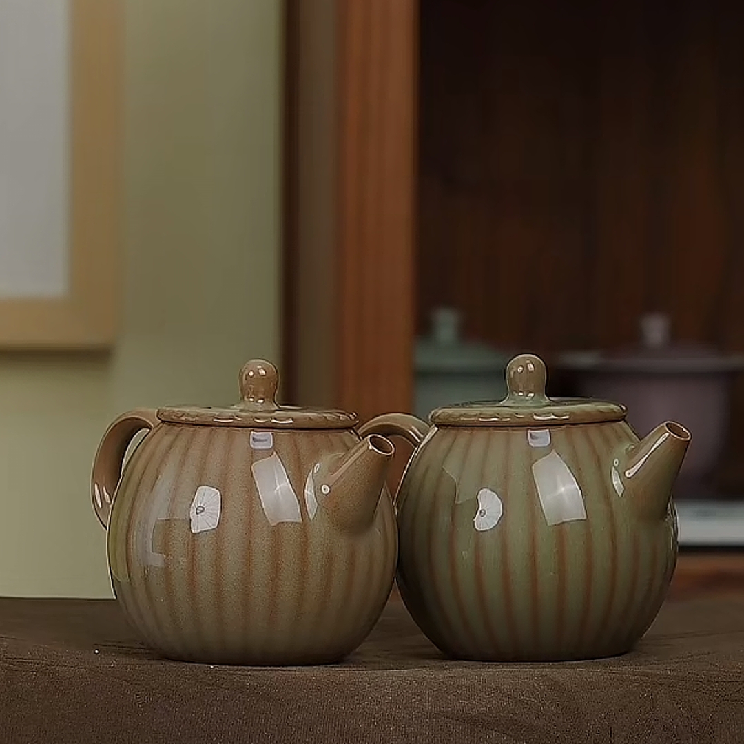 咖色支丁茶壶窑变瓜棱壶球孔周贝龙泉青瓷