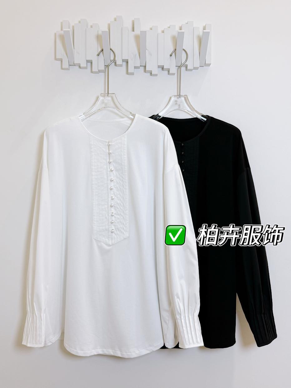 【柏卉服饰】胸前一排扣磨毛衬衣袖T恤