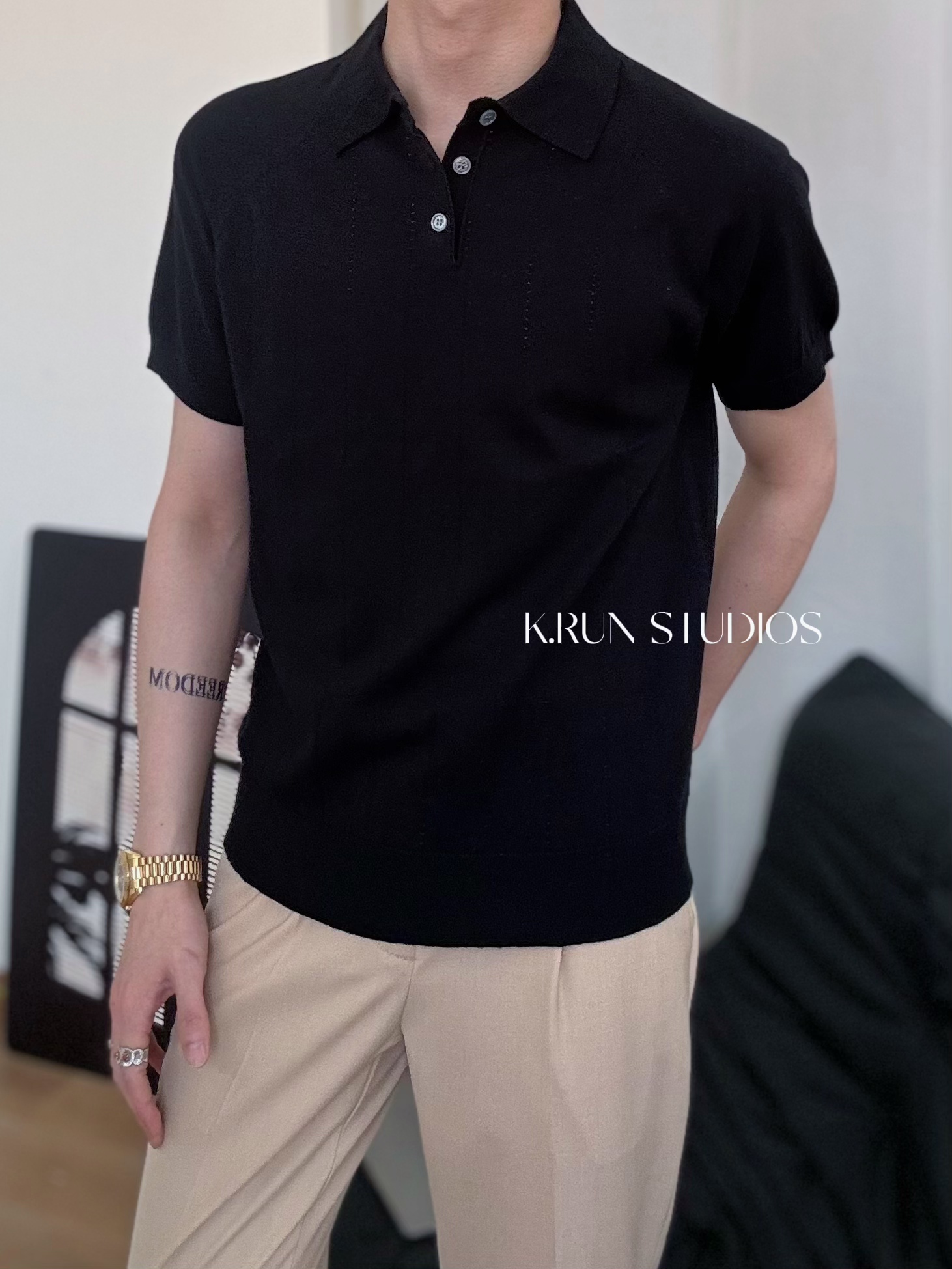 【KRUN】夏季针织POLO衫士商务休闲短袖条纹t恤翻领polo衫休闲轻熟