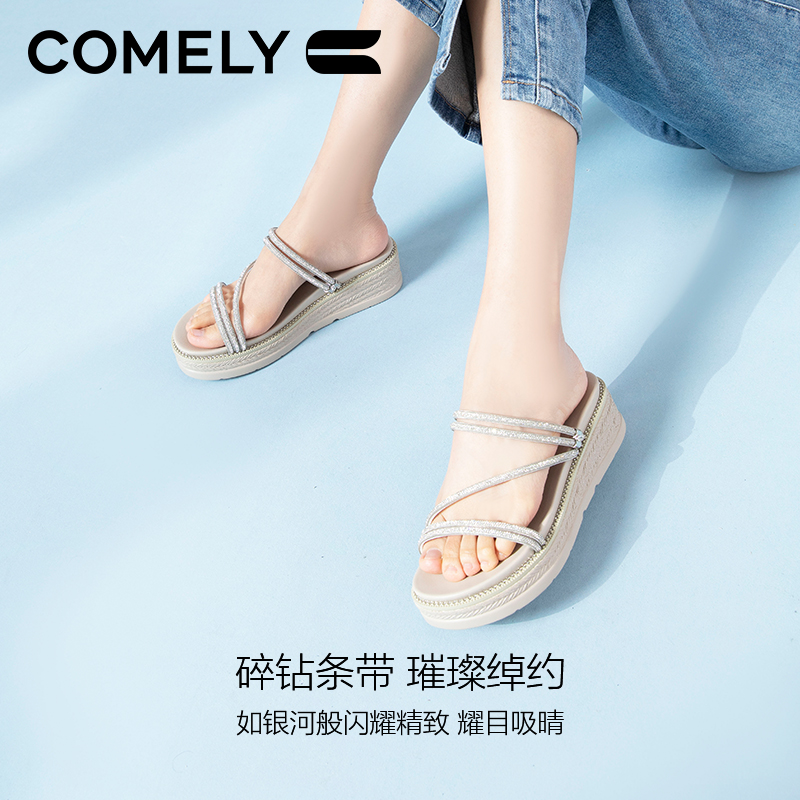 【康莉COMELY】KYQ2K316拖鞋女轻厚底水钻时尚圆头增高凉拖海边沙滩