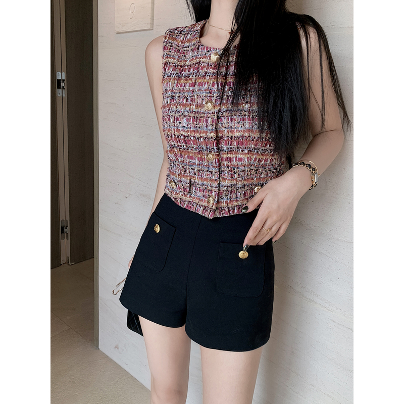 Lilylikes“Lisa金扣小短裤”高密度针织布 高腰百搭显瘦黑色短裤