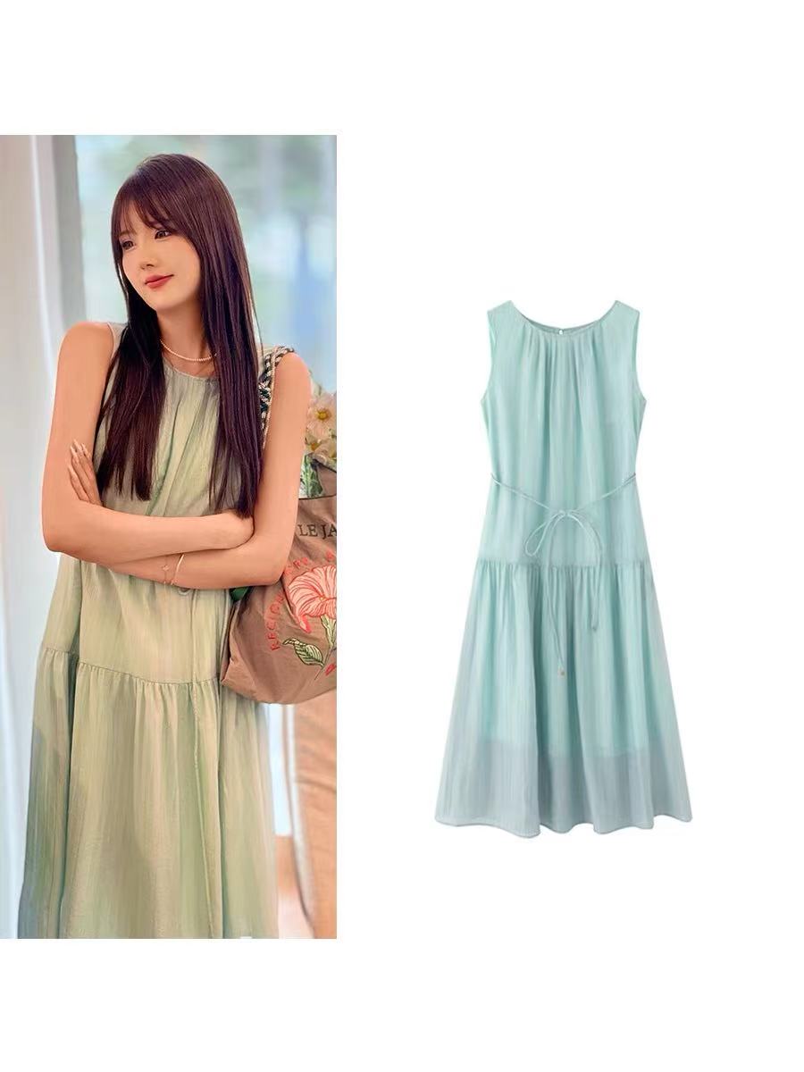 19-39女装2025夏季新款时尚无袖圆领温柔风长款连衣裙