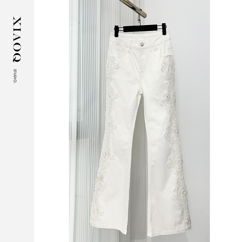【小Q家】86318设计感立体刺绣牛仔喇叭裤