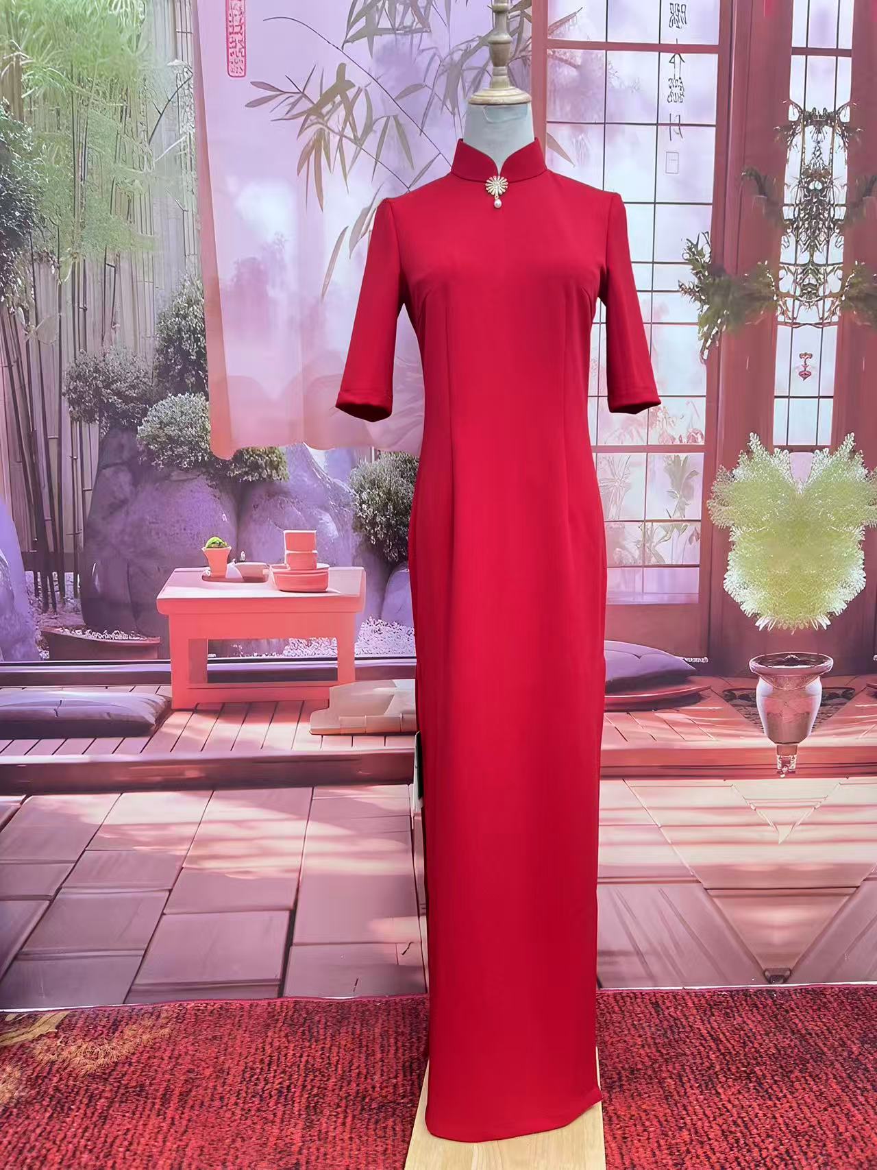 夏季红色新款高弹中国风改良红色旗袍气质显瘦舞台礼仪服装L5370