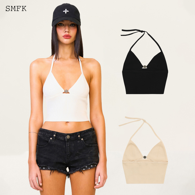 SMFK十字硬币针织胸衣 UTK32B 女士性感户外V领挂脖背心上衣