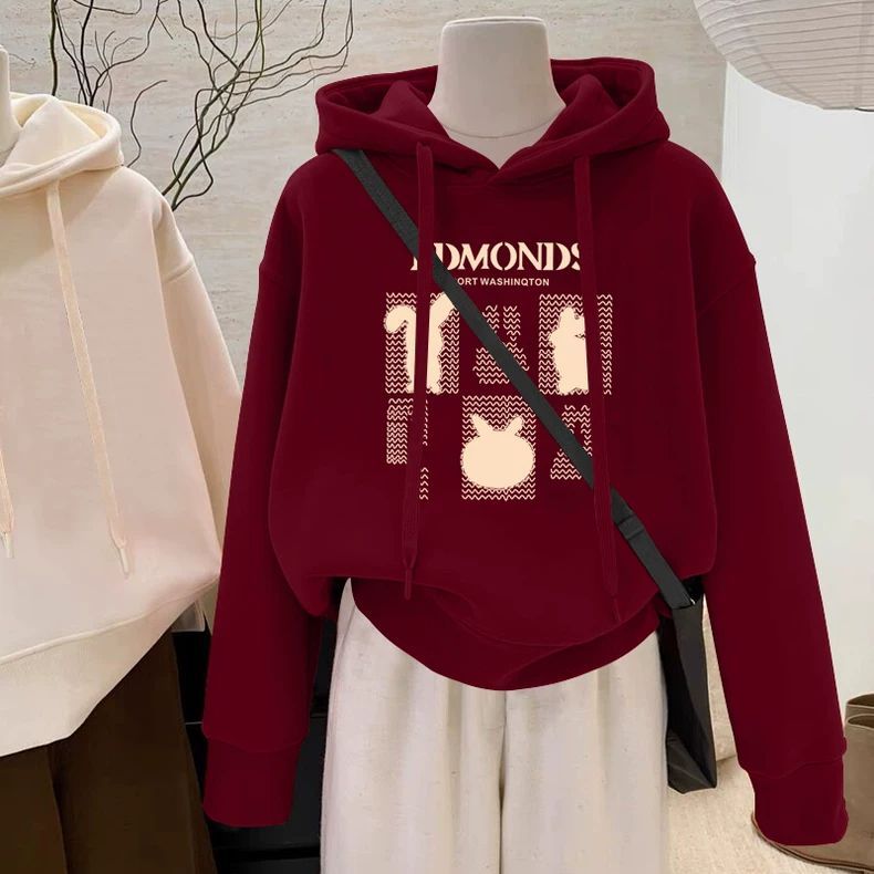 设计感小众秋冬新款2025加绒加厚套头连帽红色卫衣女短款宽松韩版