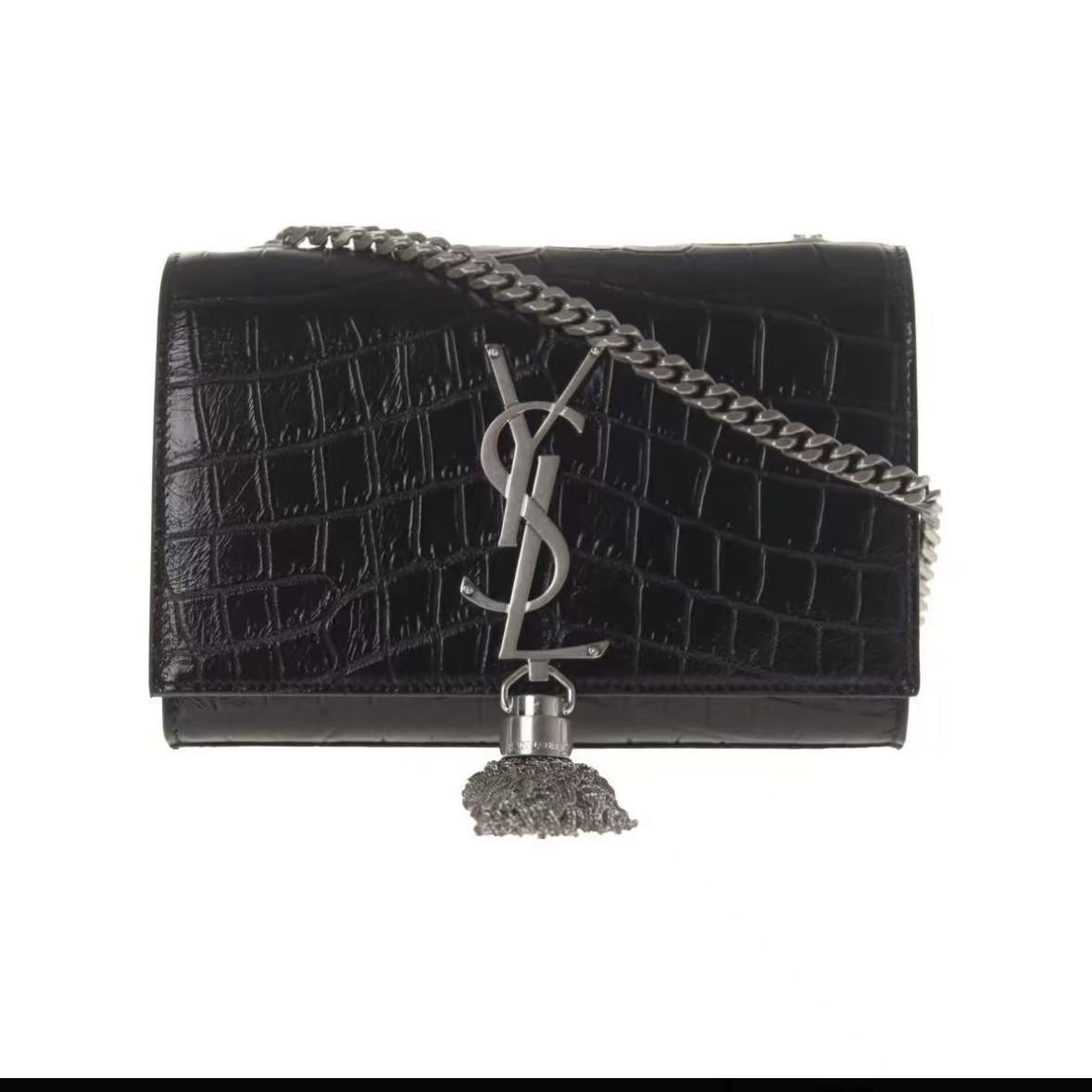 95新 YSL/圣罗兰 YSL黑银鳄鱼压纹流苏kate单肩包