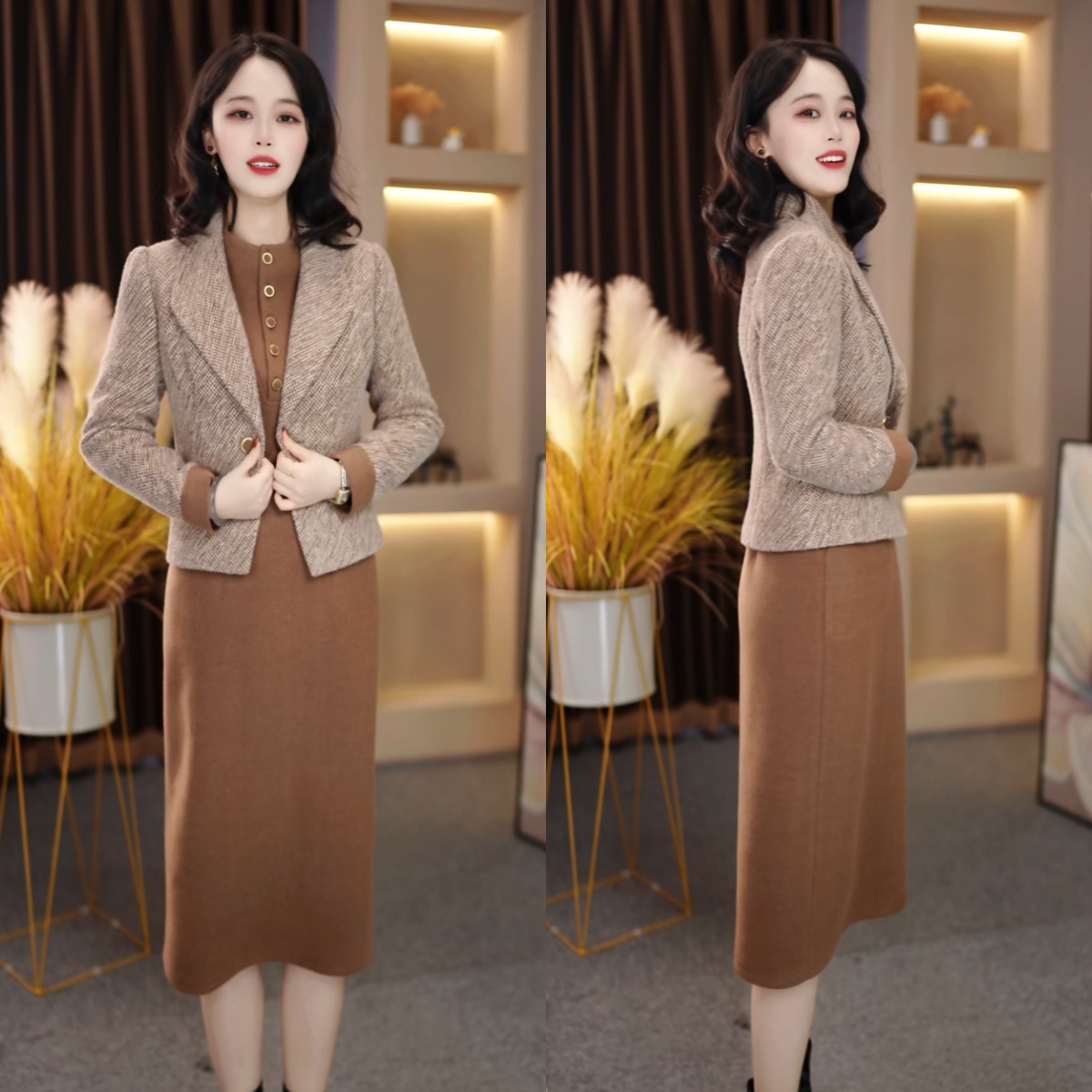 外套+连衣裙2025冬季加厚加绒轻奢高级温柔优雅显瘦套装裙M-5XL
