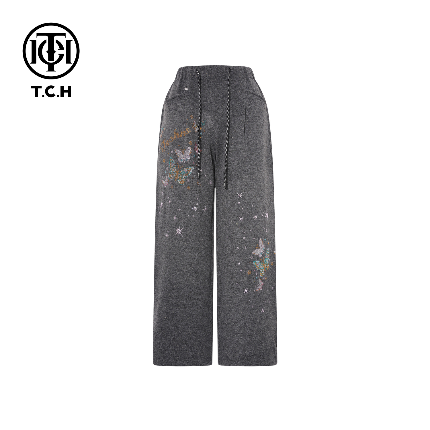 TCH【阔腿】冬款百搭时尚烫钻慵懒风深灰色阔腿休闲裤T75D20E1255