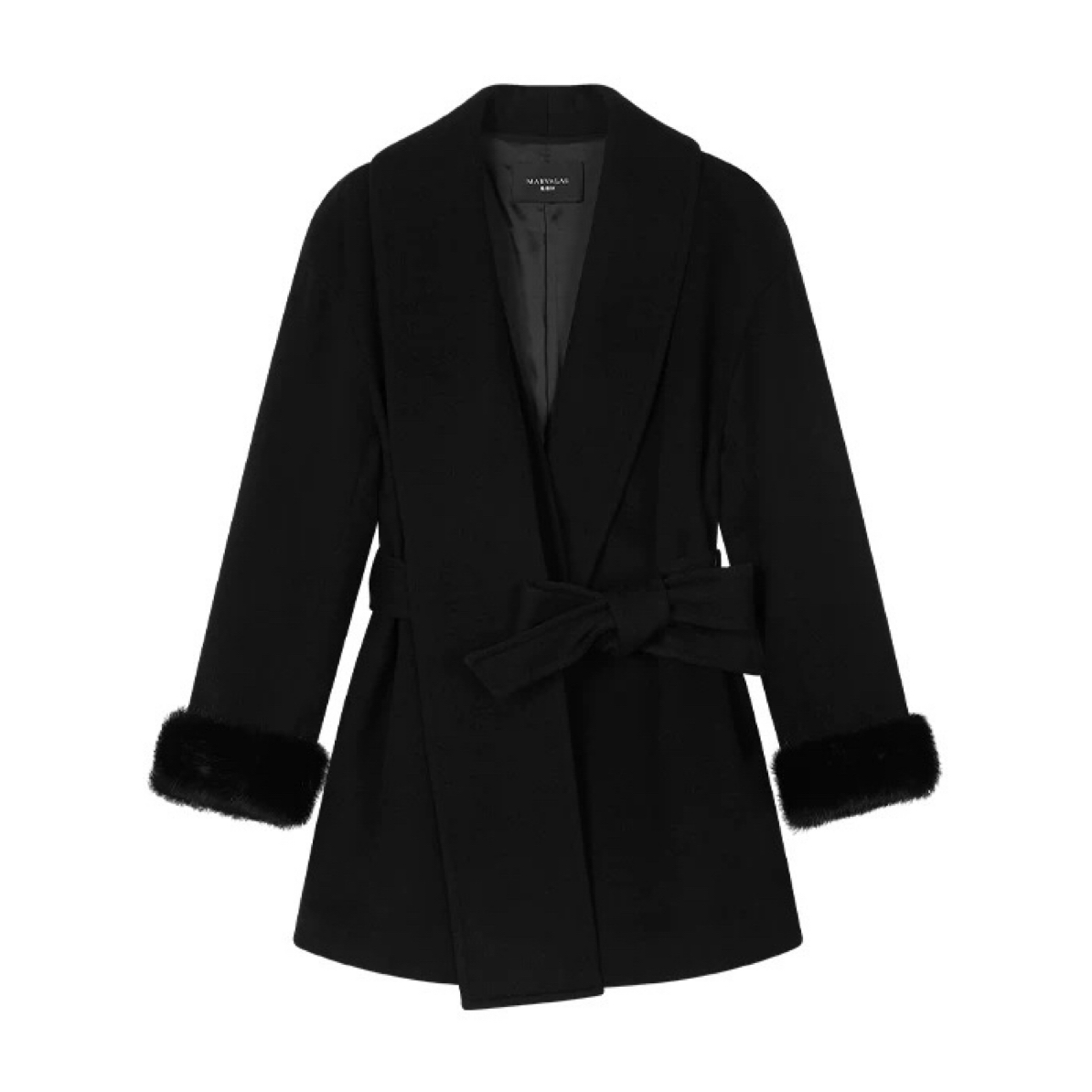 桑蚕丝毛呢外套 冬季新款绵羊毛黑色大衣