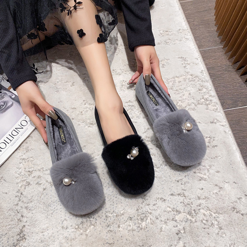 T3毛毛鞋女外穿2025秋冬新款圆头豆豆鞋保暖加绒鞋大码孕妇棉鞋