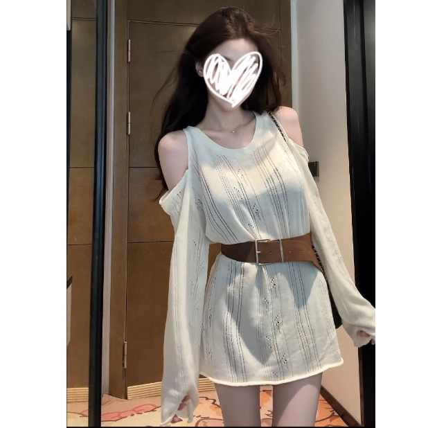 设计感小众镂空露肩针织衫女装秋季罩衫宽松显瘦独特漂亮百搭上衣