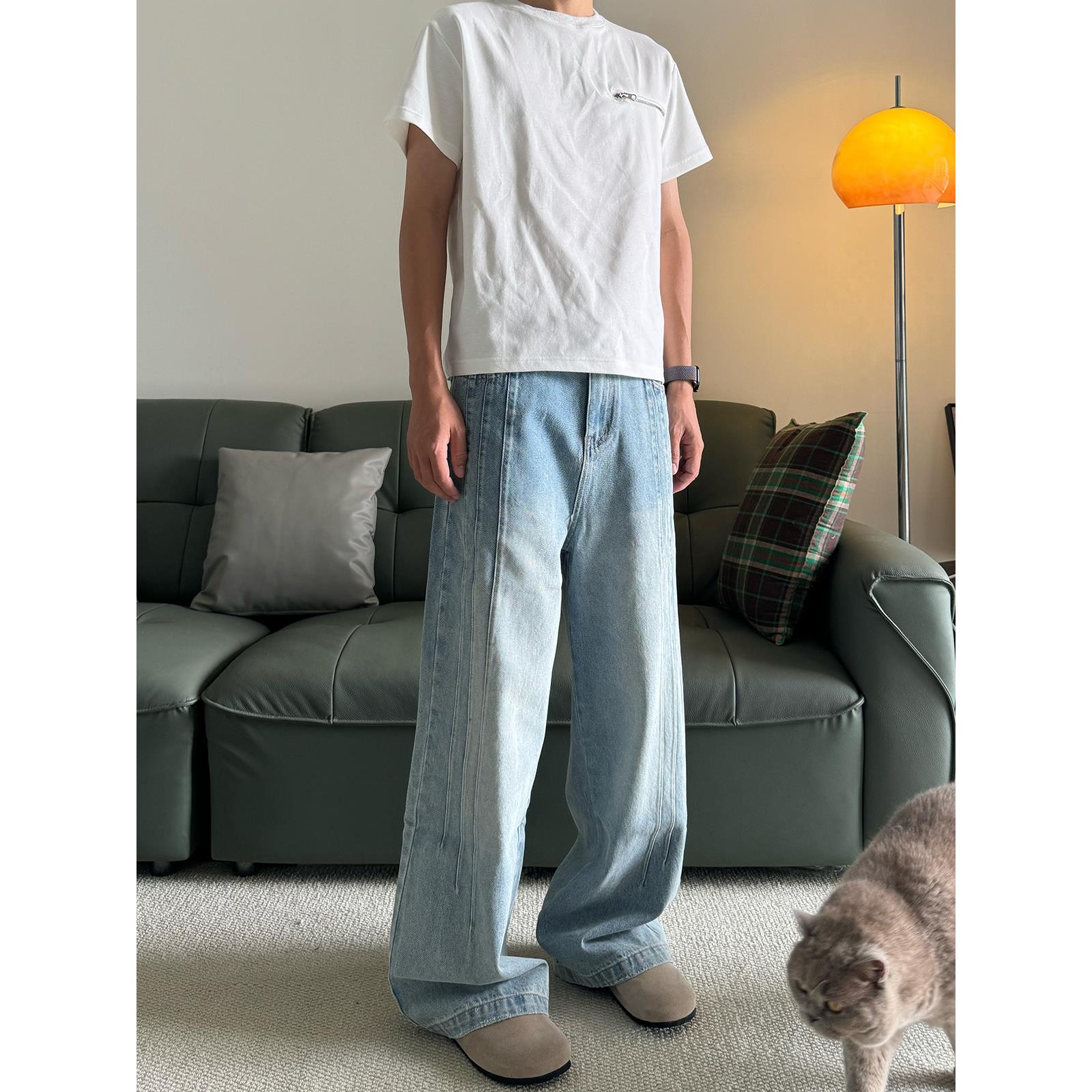 RETEL夏季美式复古简约水洗百搭宽松直筒压褶宽松休闲男女牛仔裤