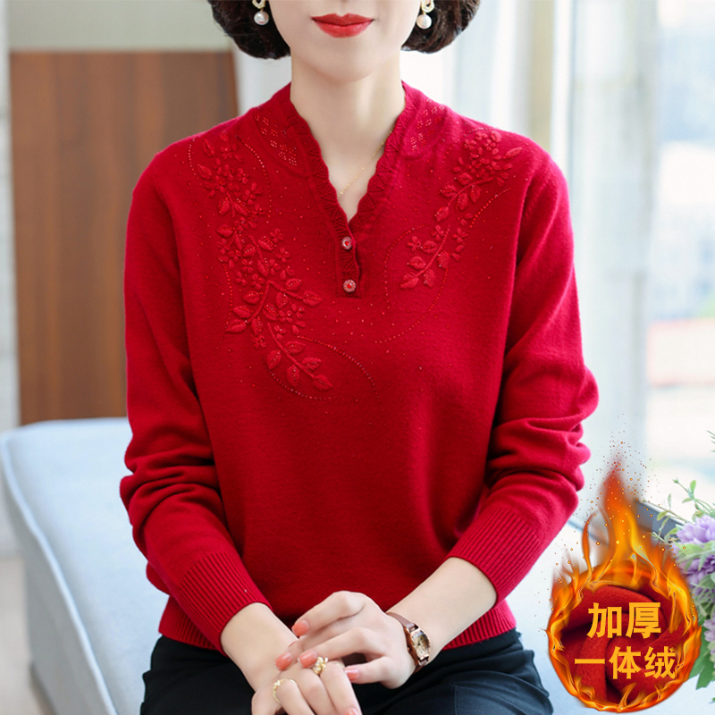 中老年女冬装本命年红色内搭妈妈装加绒加厚打底杉毛衣上衣服新年