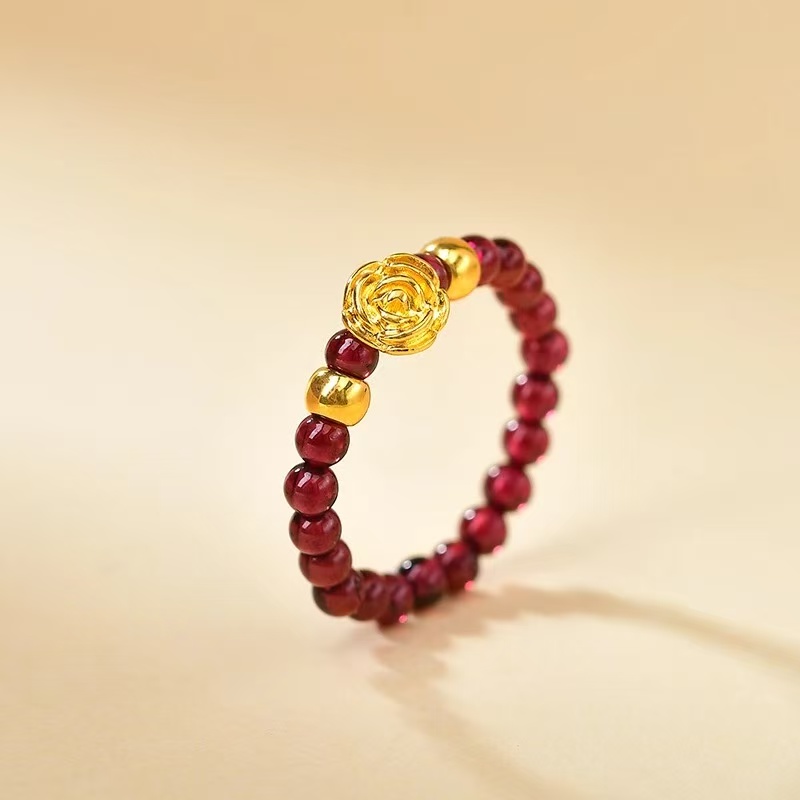 【黄金补贴】足金玫瑰花搭配天然石榴石女戒