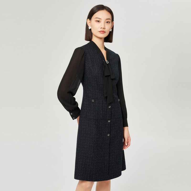 娜尔思V领长袖连衣裙女时尚气质2025年秋季新款裙子NF09204W0