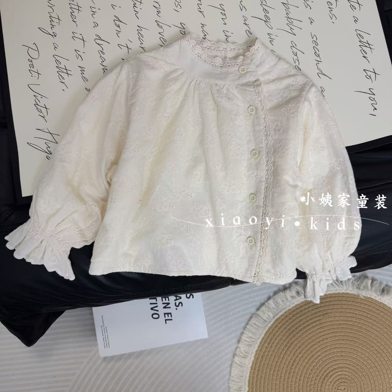 现货！女童衬衫斜门襟高级感蕾丝刺绣上衣2025春季新款童装韩系