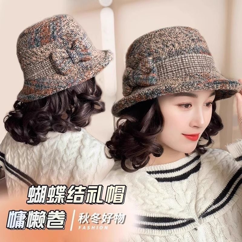 中老年假发帽子一体帽子假发短卷发渔夫帽子假发全头套女假发帽子