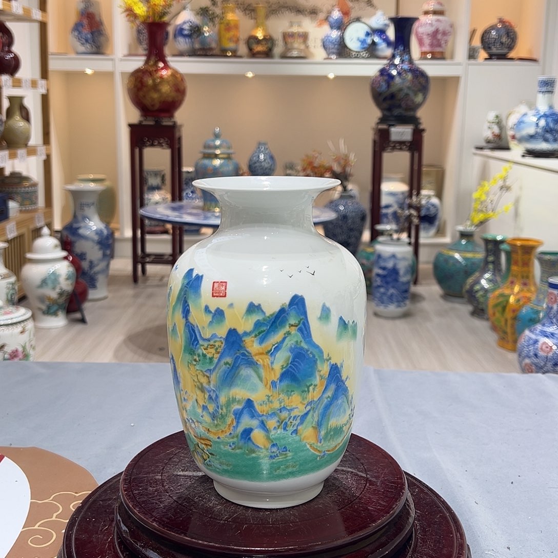 陶摆件22cm千里江山图冬瓜瓶