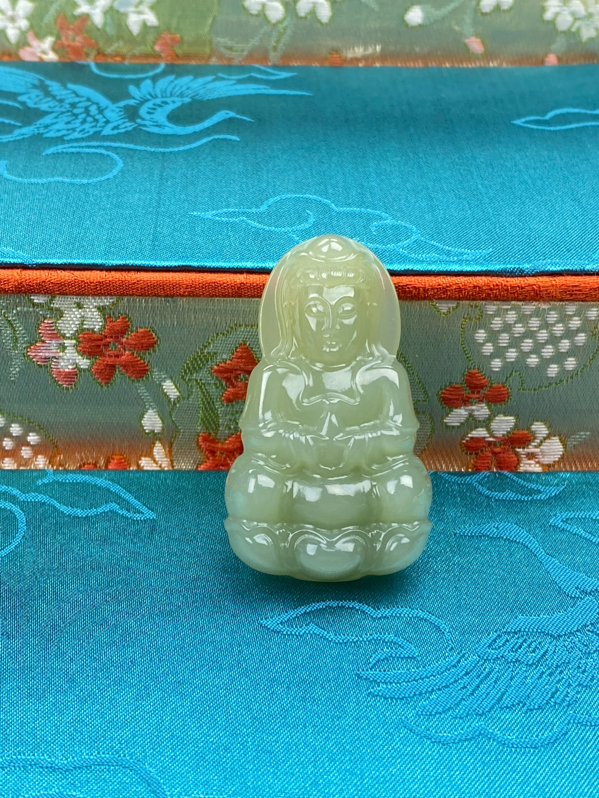 （精品高冰底)和田玉青海料50m观音男士佩戴百搭大气珠宝玉器