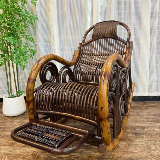 藤缘居-新中式原藤皮粗藤老料凤尾大摇椅午睡椅单人椅客厅阳台椅