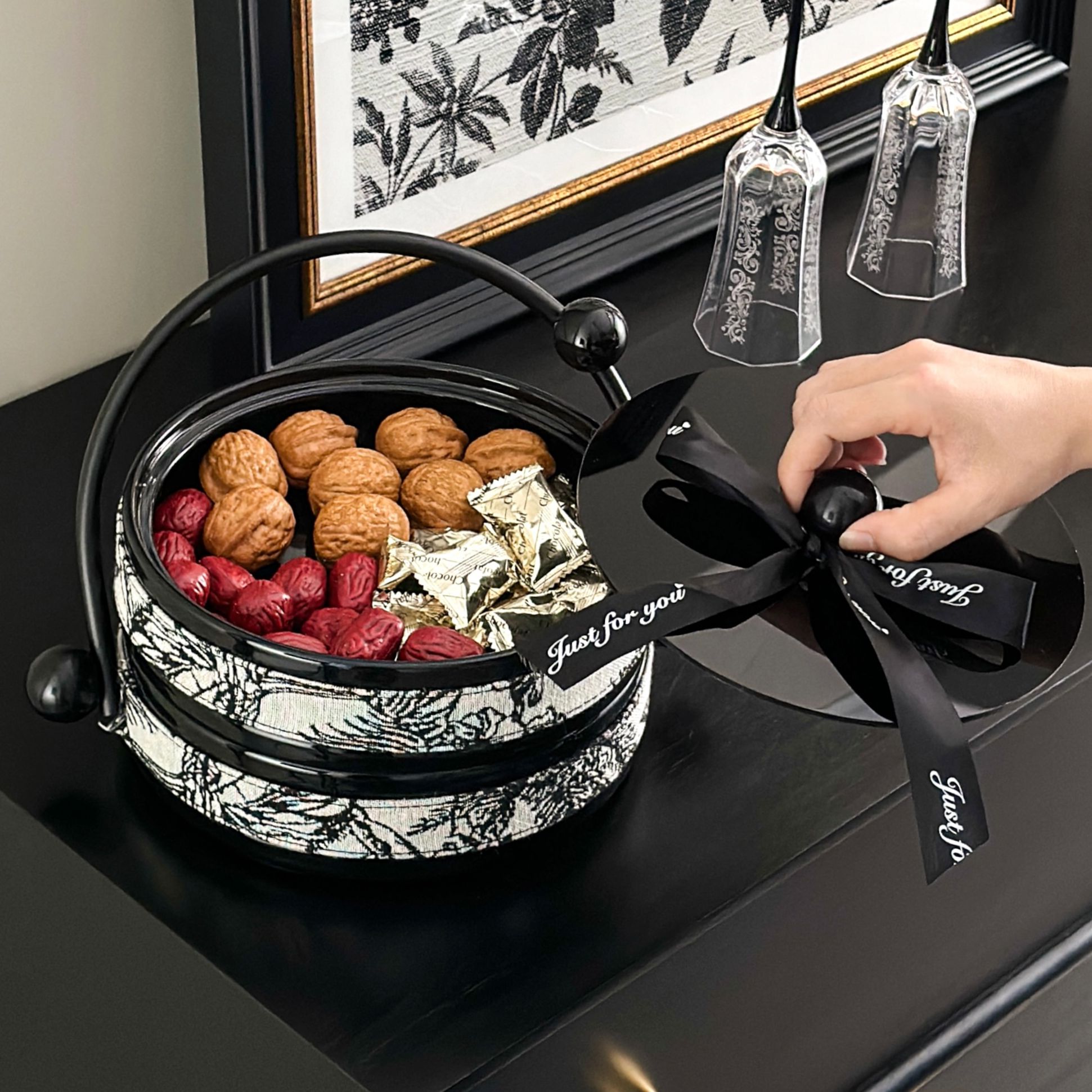 丛林复古风干果盘陶瓷客厅茶几带盖皮革旋转水果零食手提摆放盘