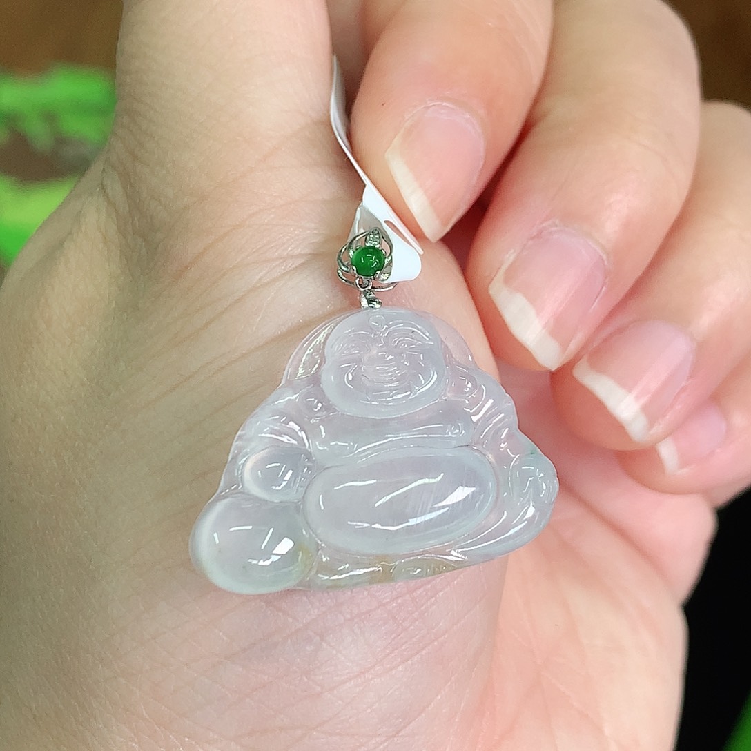 翡翠颈饰18K金镶嵌冰胶布袋佛21*29^4.1