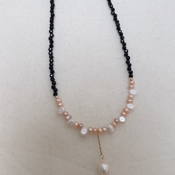 项链淡水珍珠合金混彩糖果珠黑尖晶项链40+5厘米