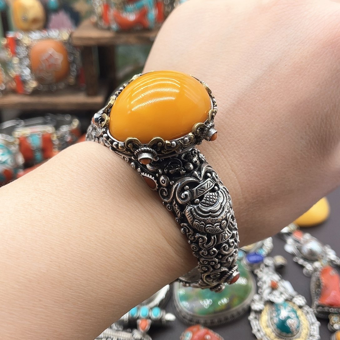 银S925镶嵌蜜蜡手镯