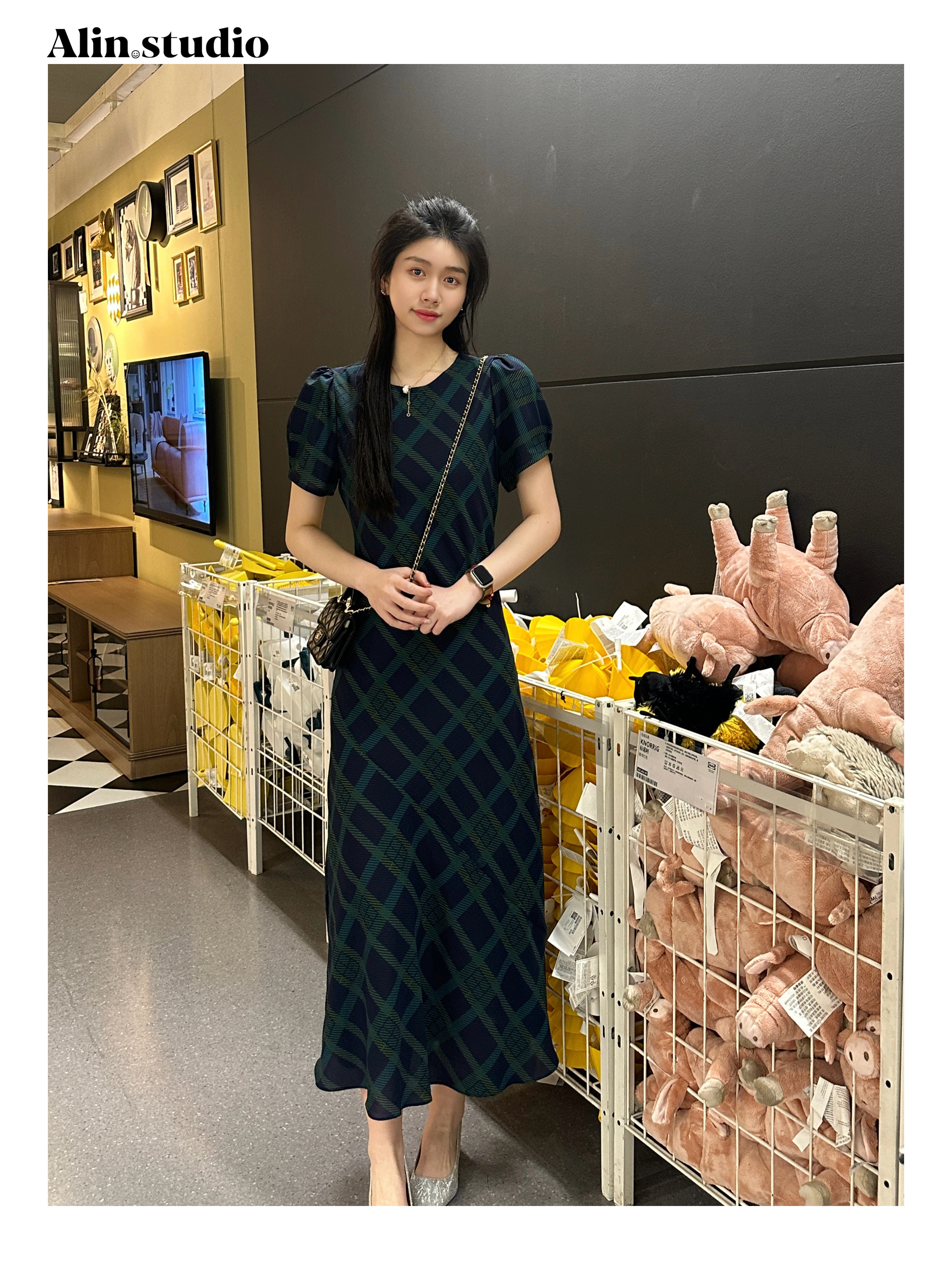 【蓝格纹】（有纽扣）优雅斜裁连衣裙显瘦法式碎花裙