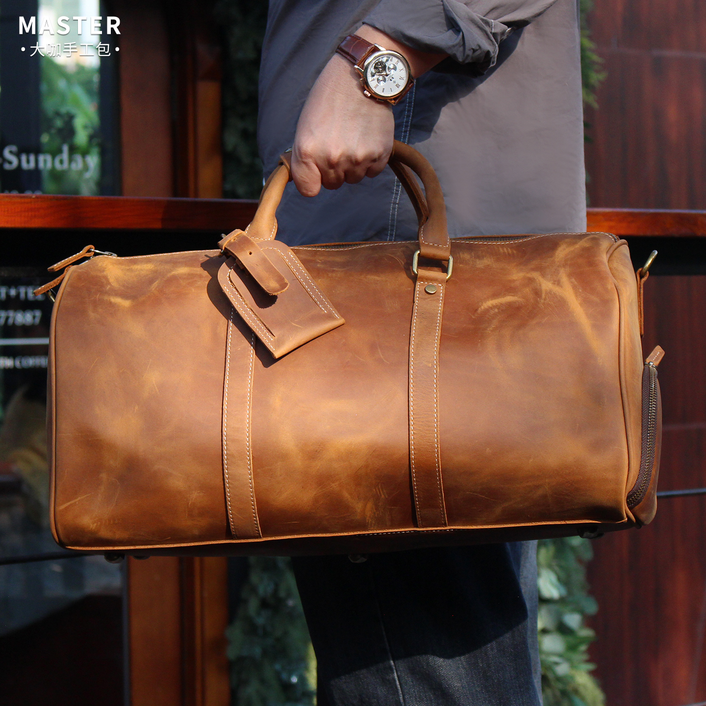 疯马牛皮真皮旅行包高级复古男女手提行李包健身包大容量头层牛皮