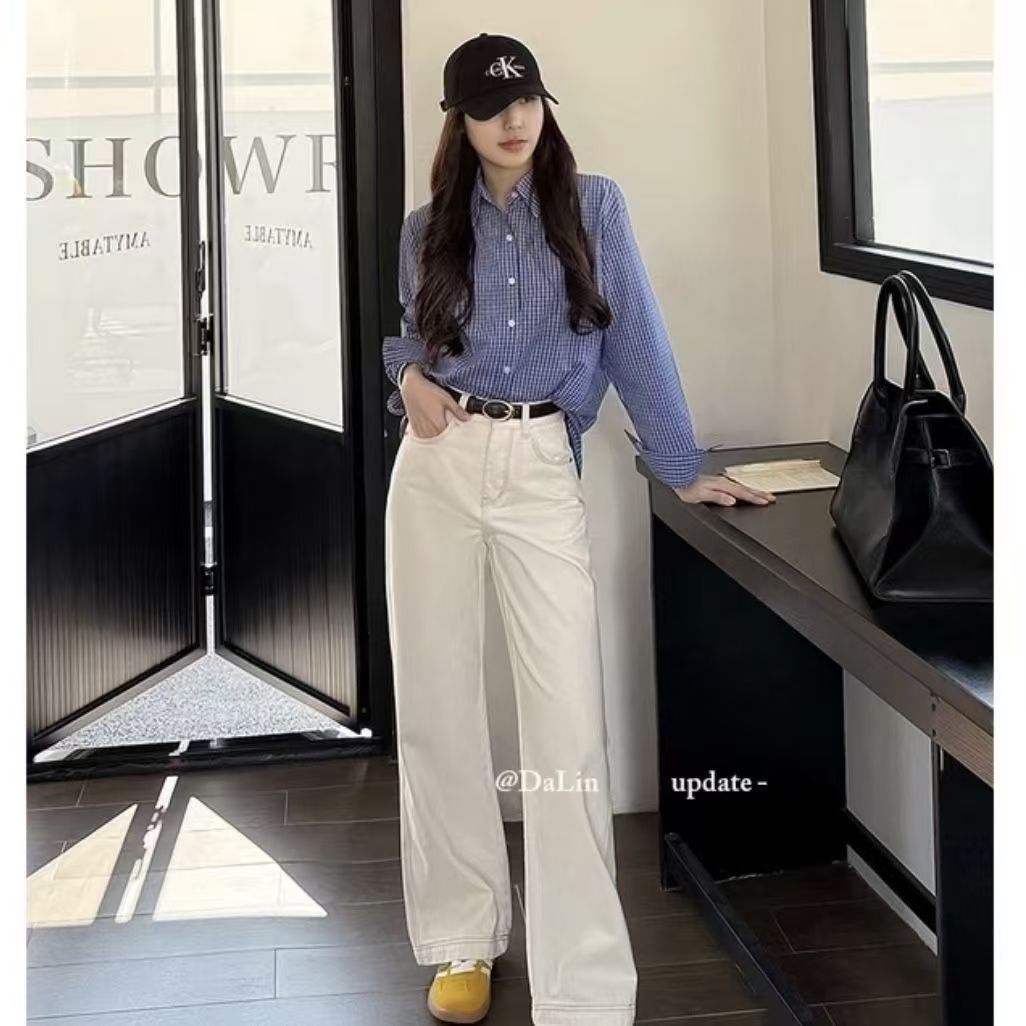 【运费险+现货】早秋新款米杏色牛仔裤女高腰显瘦窄版直筒裤