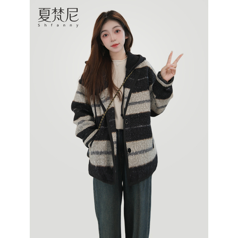 夏梵尼松弛刻度2025年秋冬新款撞色条纹圈圈呢连帽外套