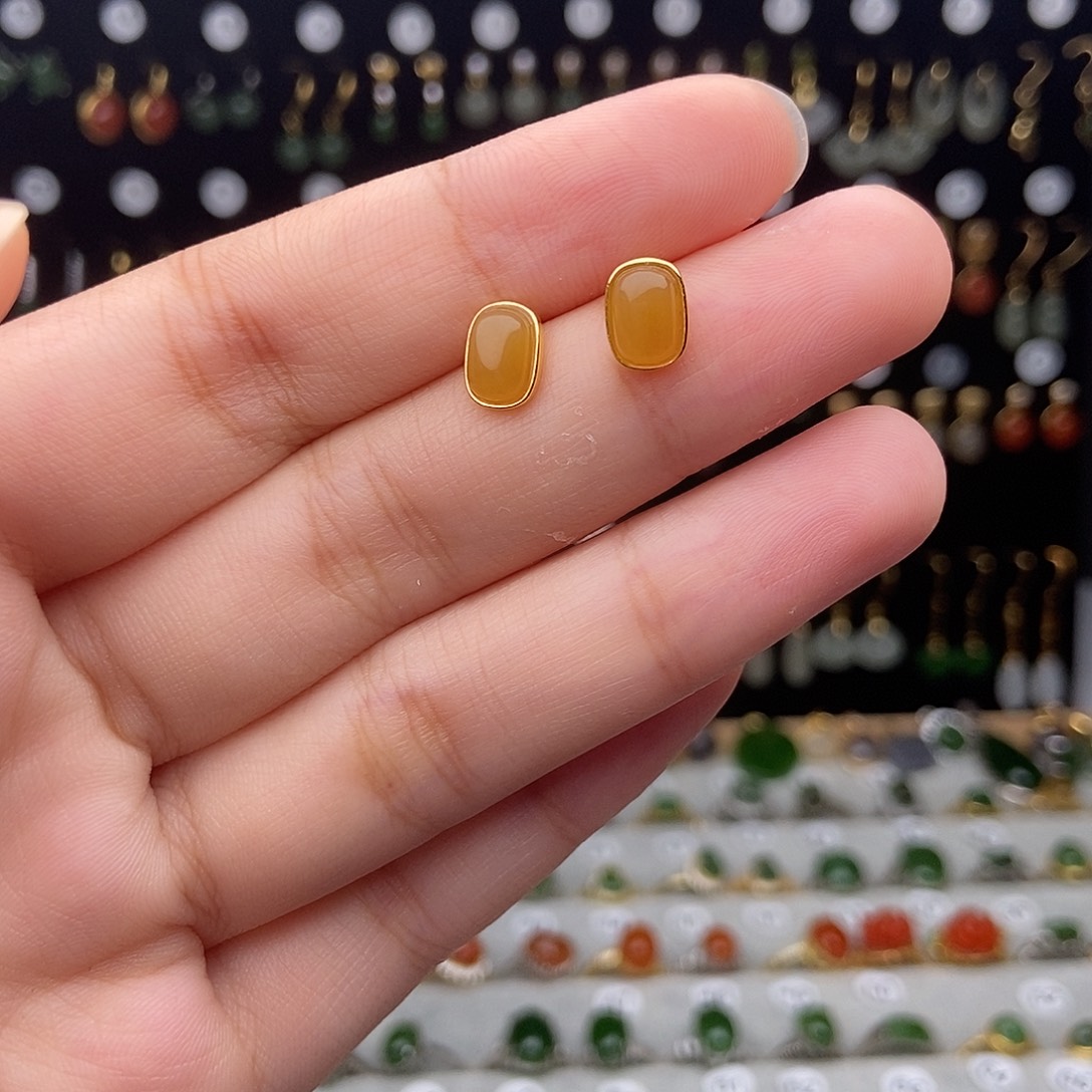 银S925镀金镶嵌和田玉耳饰