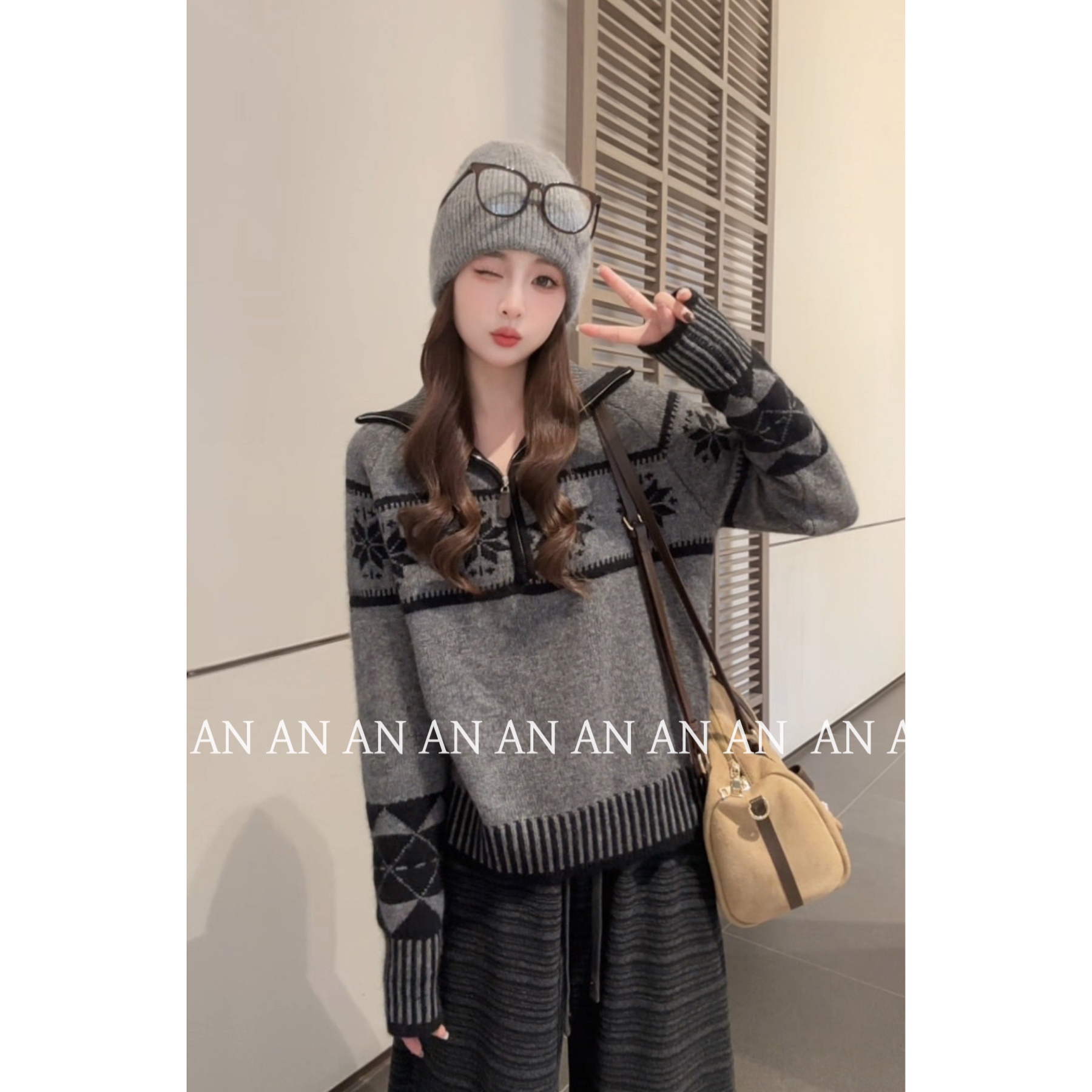 C11151冬日氛围感时尚宽松温柔风休闲撞色雪花提花毛衣