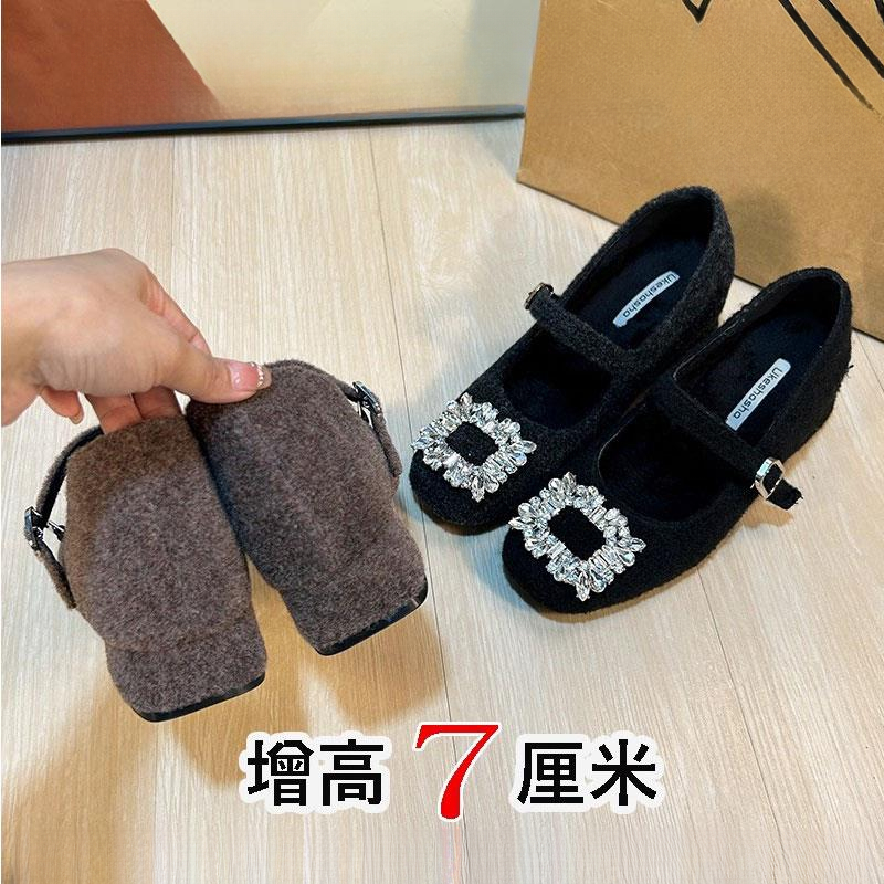 小个子7cm小香风方头水钻内增高毛毛鞋女秋冬加绒粗跟玛丽珍单鞋