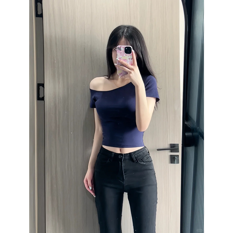 纯欲天花板斜领一字肩设计感短袖T恤女夏季紧身小个子露脐短上衣1