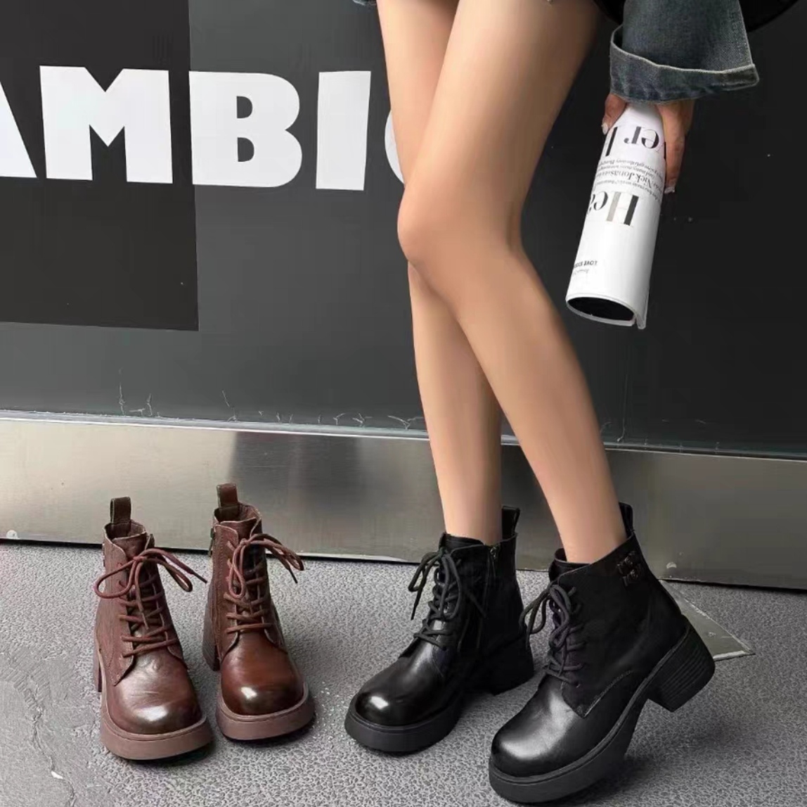 冰洁女鞋2024冬季新款真皮圆头中粗跟加绒马丁靴英伦棉短靴51-092