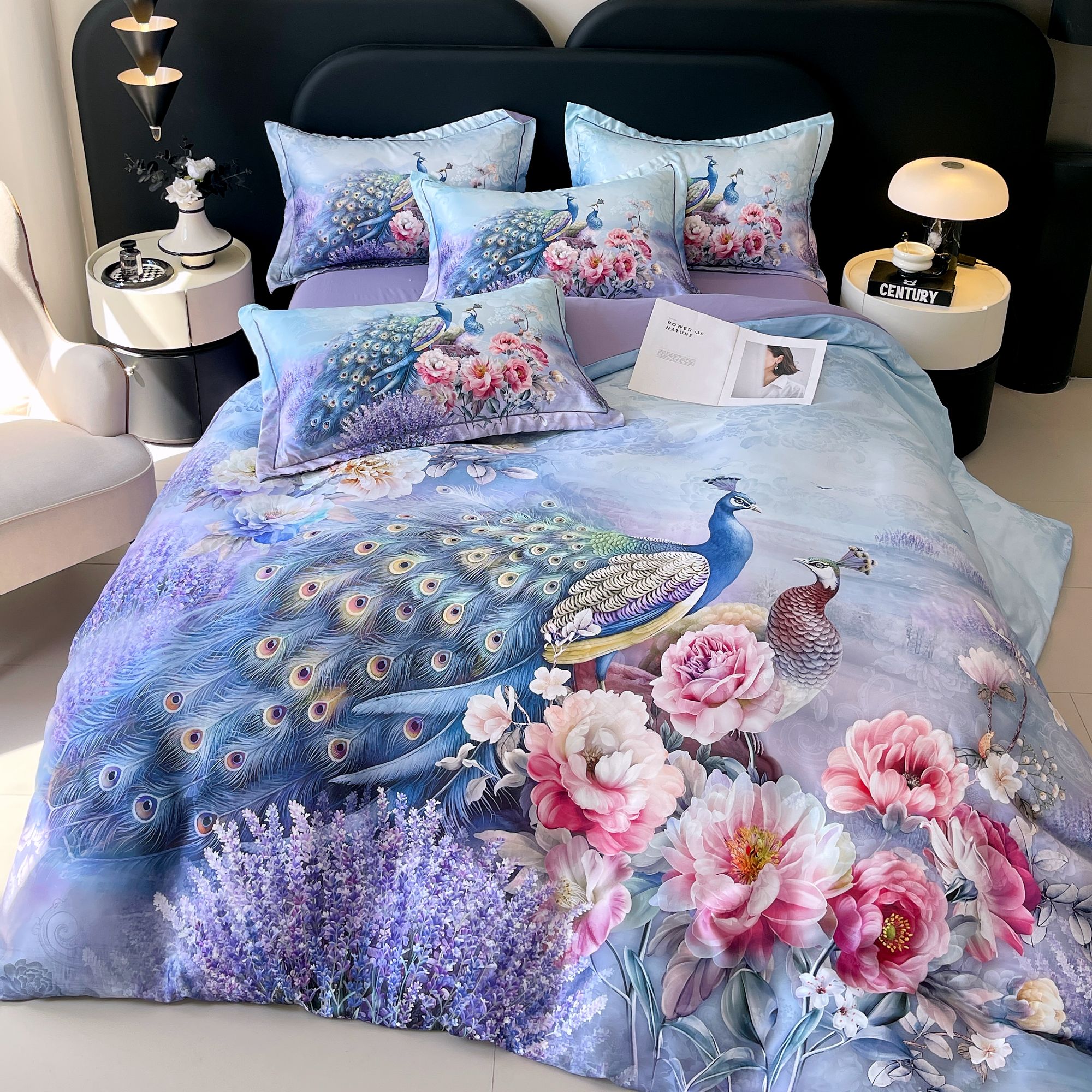 【张董甄选】高端贡缎提花轻奢数码印花四件套牡丹孔雀图-张董-TW