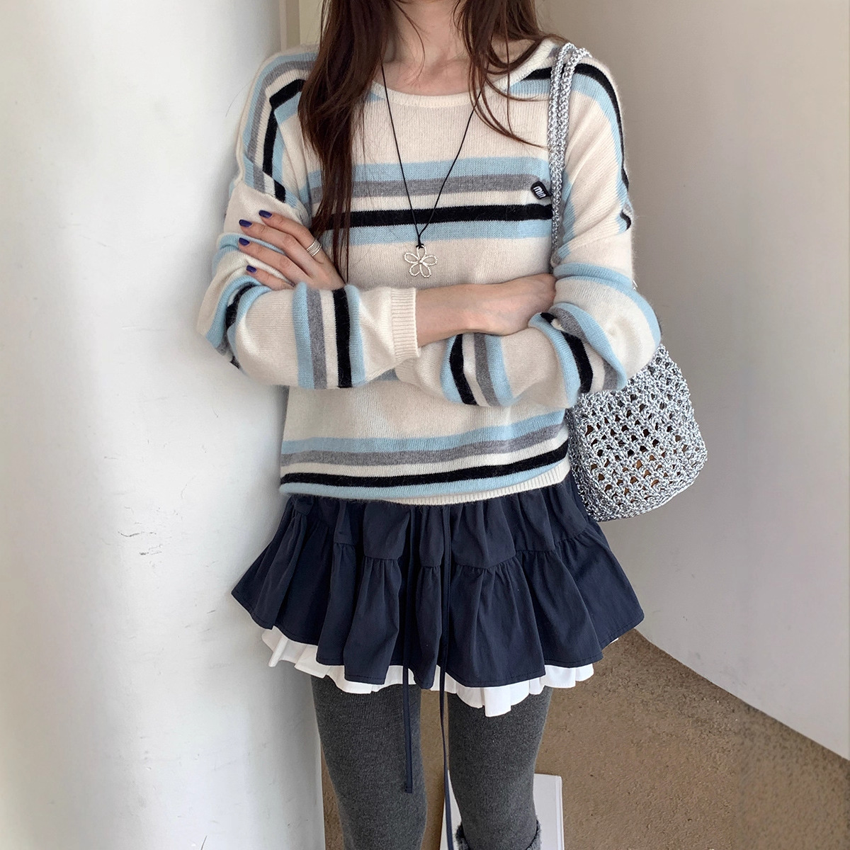 常规款韩系软糯条纹圆领毛衣女秋冬新款慵懒感宽松显瘦百搭长袖针