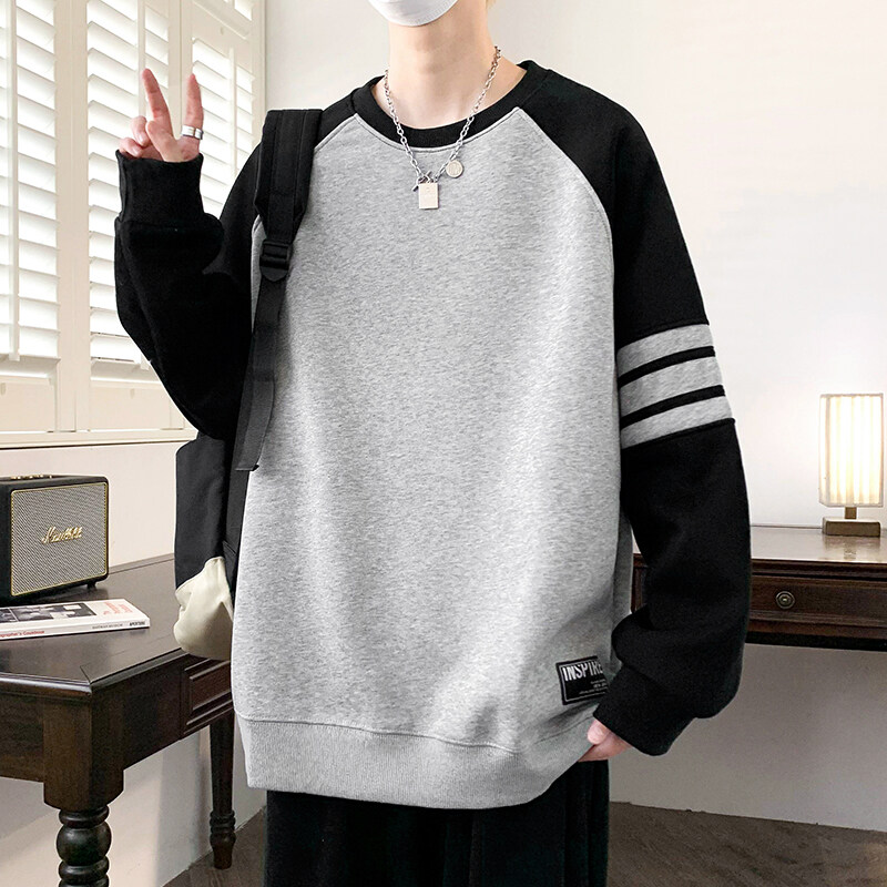青少年春季撞色拼接男士卫衣2025学生百搭帅气圆领打底上衣宽松