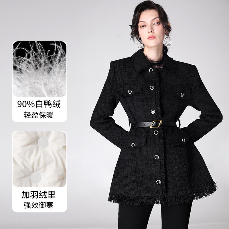 【品牌福利】AUI黑色小香风修身毛呢外收腰上衣秋冬-24D097398