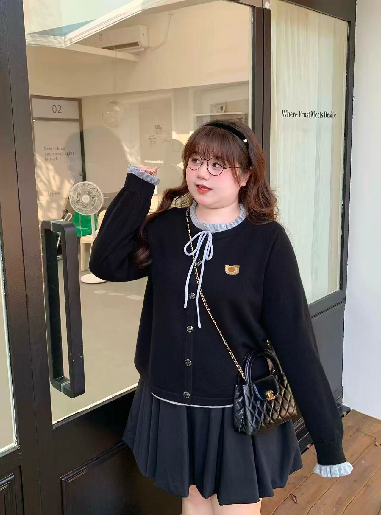 miu系蝴蝶结圆领假两件胖mm显瘦针织套头毛衣上衣女H858